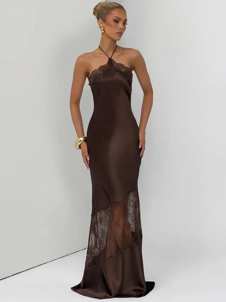 Women Halter Satin Maxi Dress Lace Trim Backless Bodycon Long Evening Party Dress Elegant Formal Wedding Guest Gown
