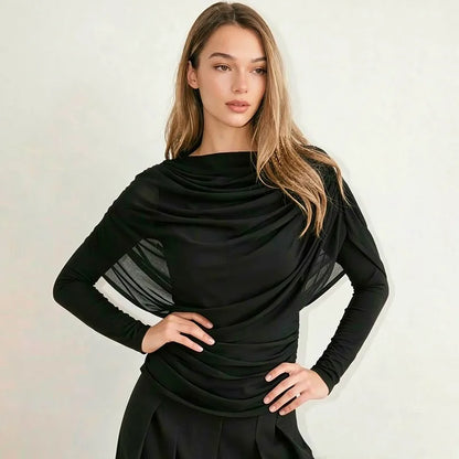 Elegant Draping Mesh Long Sleeve Tops for Woman Clothing Casual Solid Color Fitted T Shirts Fall 2026