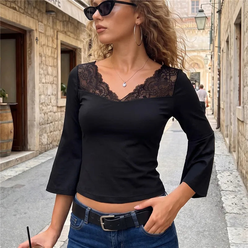 Women Lace V Neck 3 4 Sleeve Crop Top Elegant Spliced Lace Patchwork Slim Fitted Blouse Casual Solid Short Tee Shirt