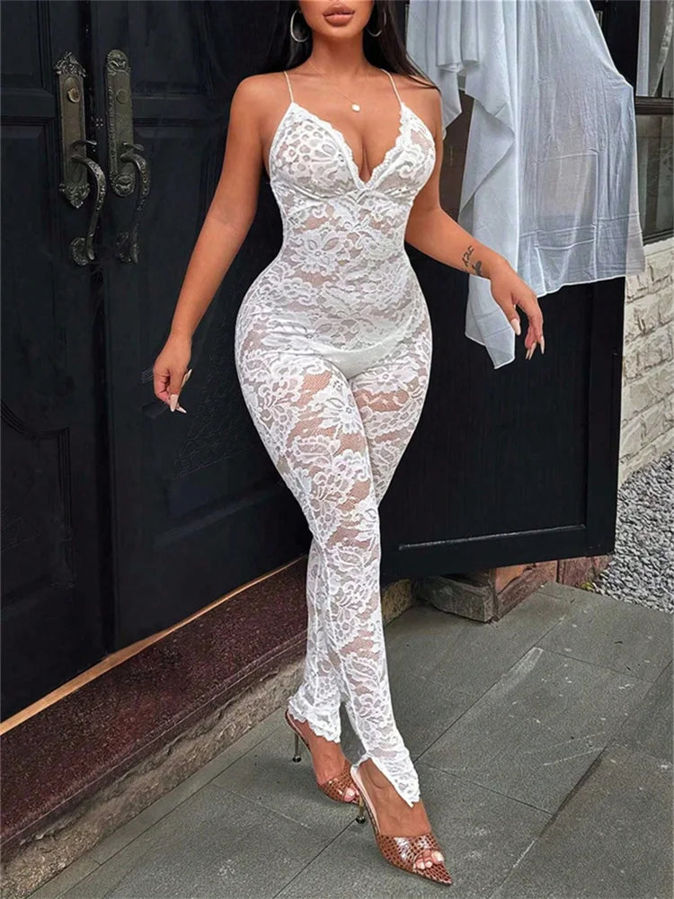 See Through Jumpsuit Women Backless v-Neck Sleeveless Flower Lace Slim Sexy Midnight Summer Hottie Fashion Outfit