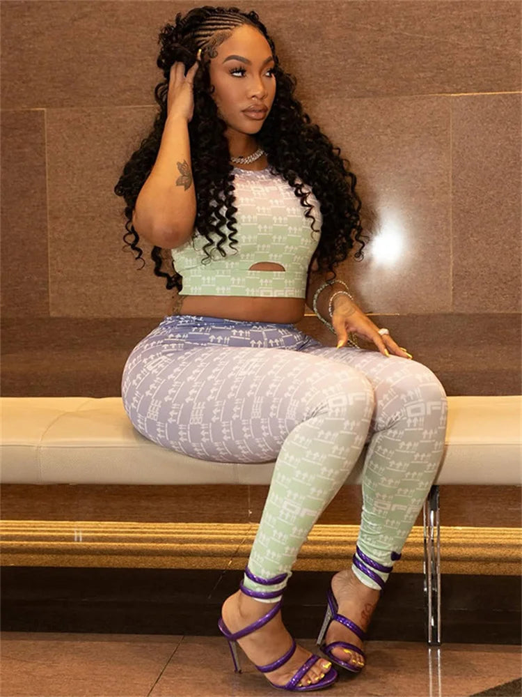 Arrow Print 2 Piece Set Women o-Neck Hollow Tank Tops+Skinny Gradient Long Pants Daily Casual Fashion Sporty Outfits