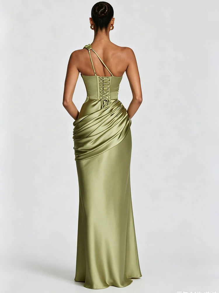 Satin One Shoulder Sexy Maxi Dress Women Elegant Diagonal Collar Cutout Ruched Bodycon Mermaid Long Evening Party Gown