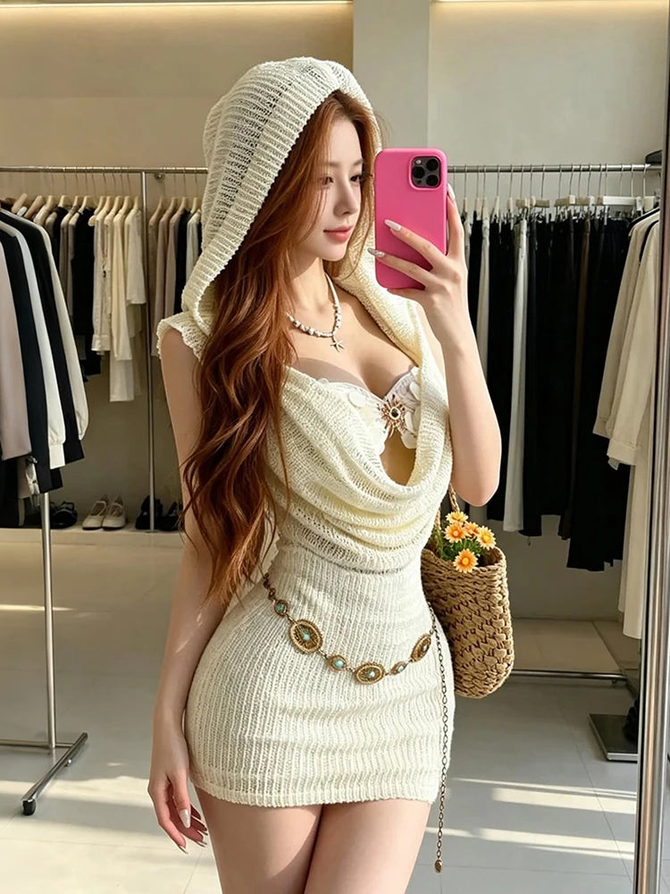 Sexy 2-Piece Set Women Sequin Sun Metal Decoration Tank Tops+Hooded Swing Collar See Through Dress Summer Streetwear