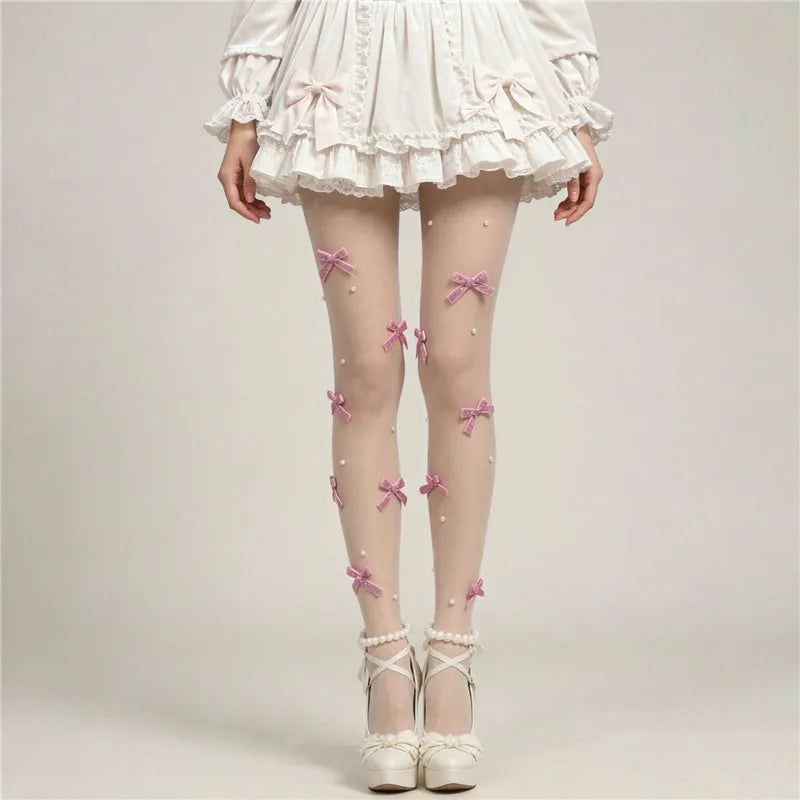 Sweet Lolita 3D Bow Pearl Sheer Pantyhose Women Transparent Mesh Tights Cute Bowknot Decor Hosiery Cosplay Stockings