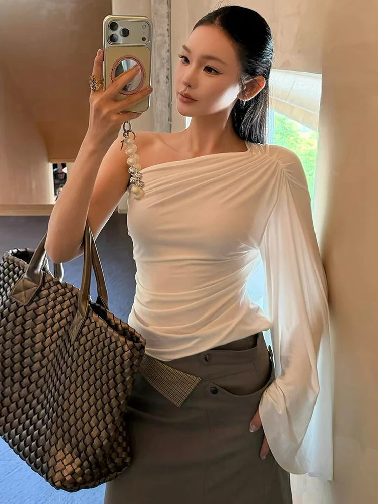 Slanted Shoulders t-Shirt Women One-Sided Flare Sleeve Folds Solid Skinny Simple Classic Street Leisure Chic Outfit