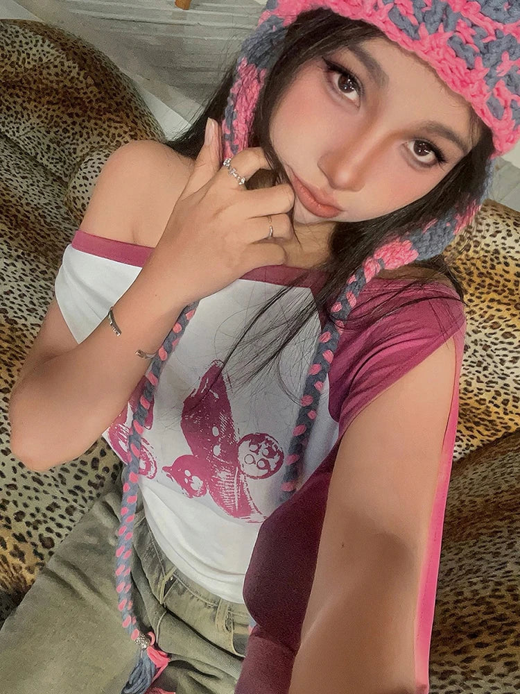 Sexy Slash Neck Crop Top Women Wild Y2K Irregular Patchwork Print Short Sleeve Music Festival Simple Clubwear T-Shirt