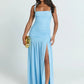 Women Spaghetti Strap Square Neck Maxi Dress Ruched Bodycon High Split Long Dress Elegant Evening Party Prom Dresses