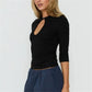 Women Keyhole Cutout Neck 3/4 Sleeve Crop Top Slim Fitted Solid Crew Neck Button Detail T Shirt Y2K Casual Streetwear