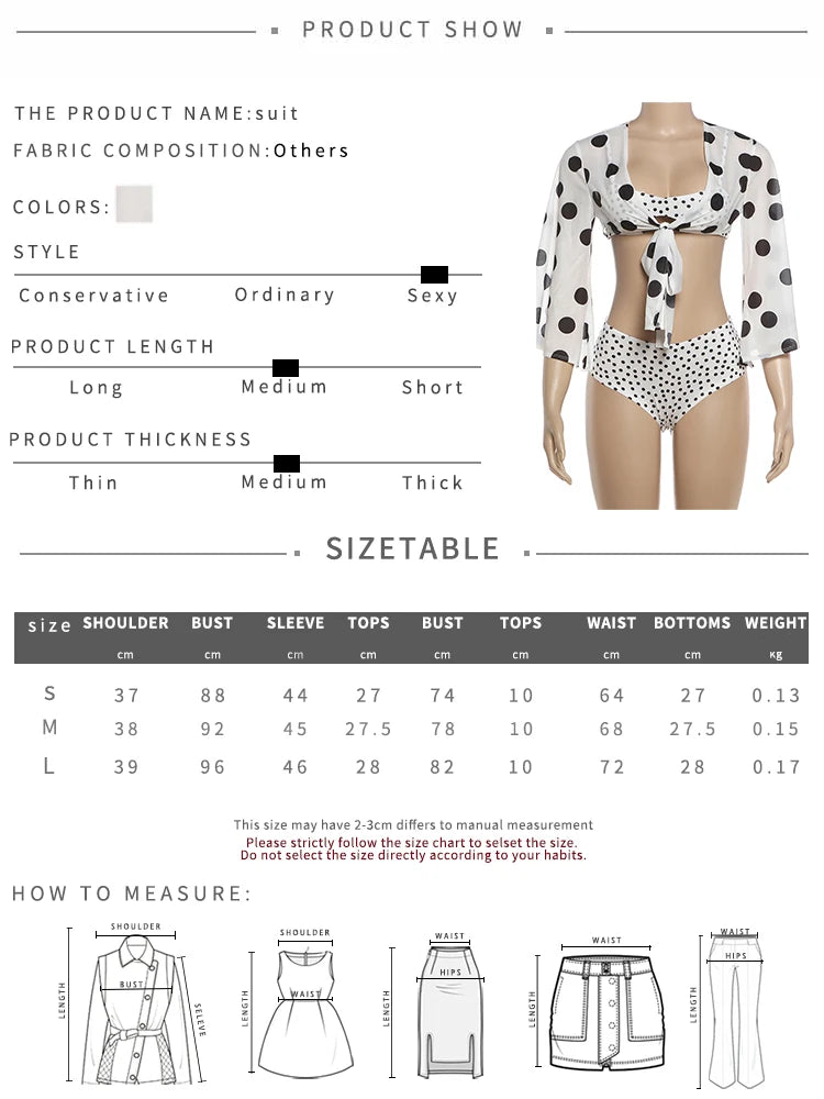 Beach Y2K Style 3 Piece Set Woman Polka Dot Print Full Sleeve Knot Tops+Low-Neck Bra+Mini Shorts Sexy Fashion Suits