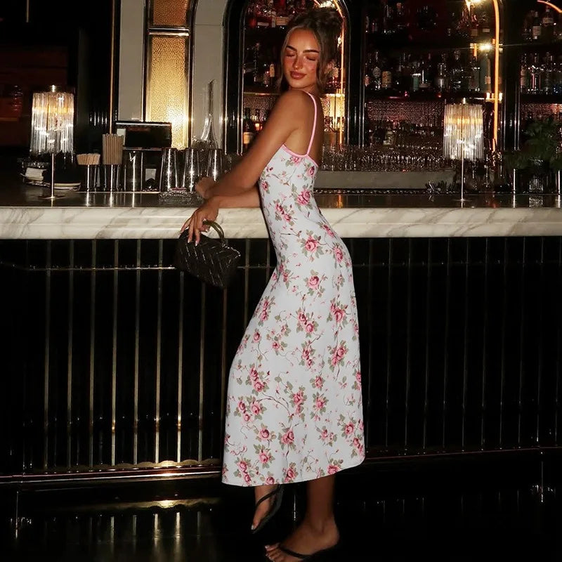 Women Floral Dresses Elegant Summer Vacation Outfits Lace Trim Deep V Neck Sleeveless Backless Long Dress