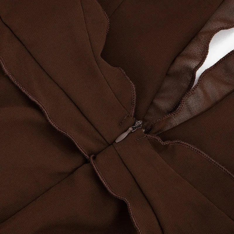 Frilly Deep V Neck Backless High Split Maxi Dresses Brown Mesh Sheer Sexy Summer Dress for Woman 2026