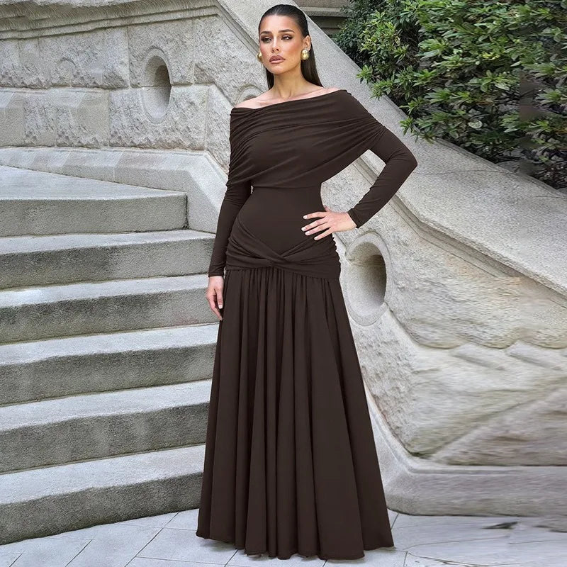 Off Shoulder Long Sleeve Pleated Dresses Women' S Clothes Solid Color French Elegant Maxi Dress Autumn