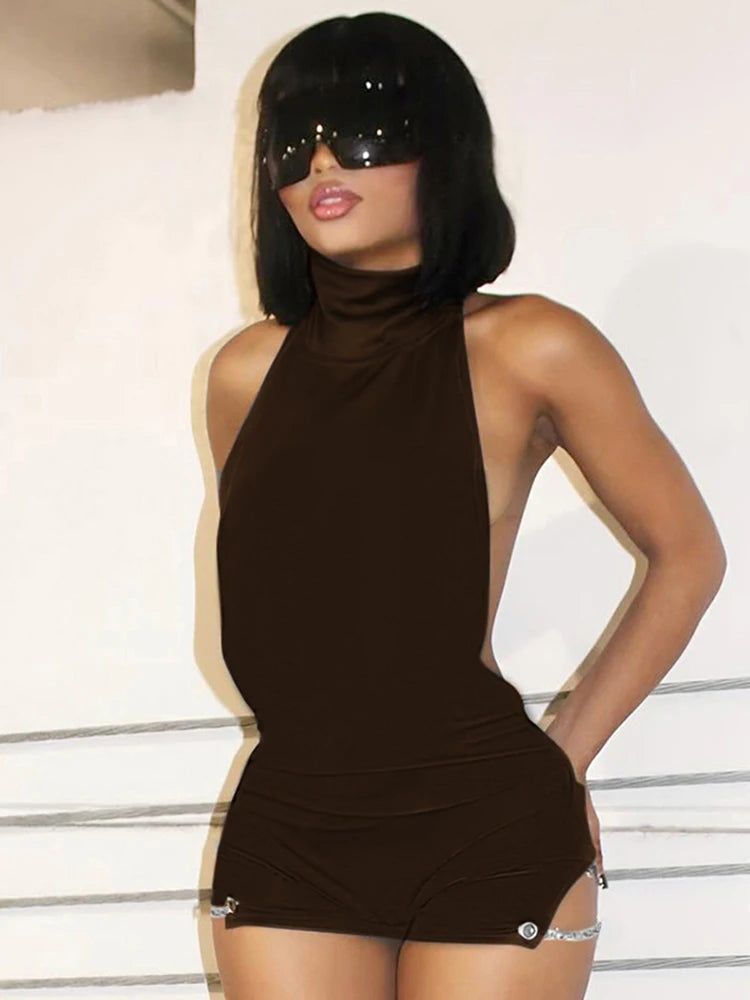 Sexy Backless Playsuits Women Halter Turtleneck Sleeveless Skinny Metal Chain Peach Hip Midnight Wild Style Rompers