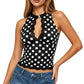 Women Polka Dot Halter Neck Tank Top Lace Trim Keyhole Cutout Sleeveless Slim Fit Y2K Camisole Top for Party Clubwear