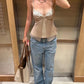 Jacquard Mesh Patchwork Camisole Women Sexy Low-Neck Stretch Skinny Hottie Trend Midnight Street  Party Club Vest