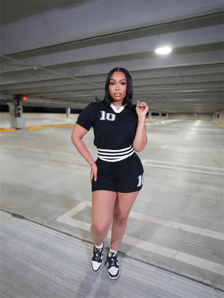 Knit Patchwork 2 Piece Set Tracksuit Women Letter Print V-Neck Crop Tops+Skinny Shorts Casual Fashion Sporty Outfits