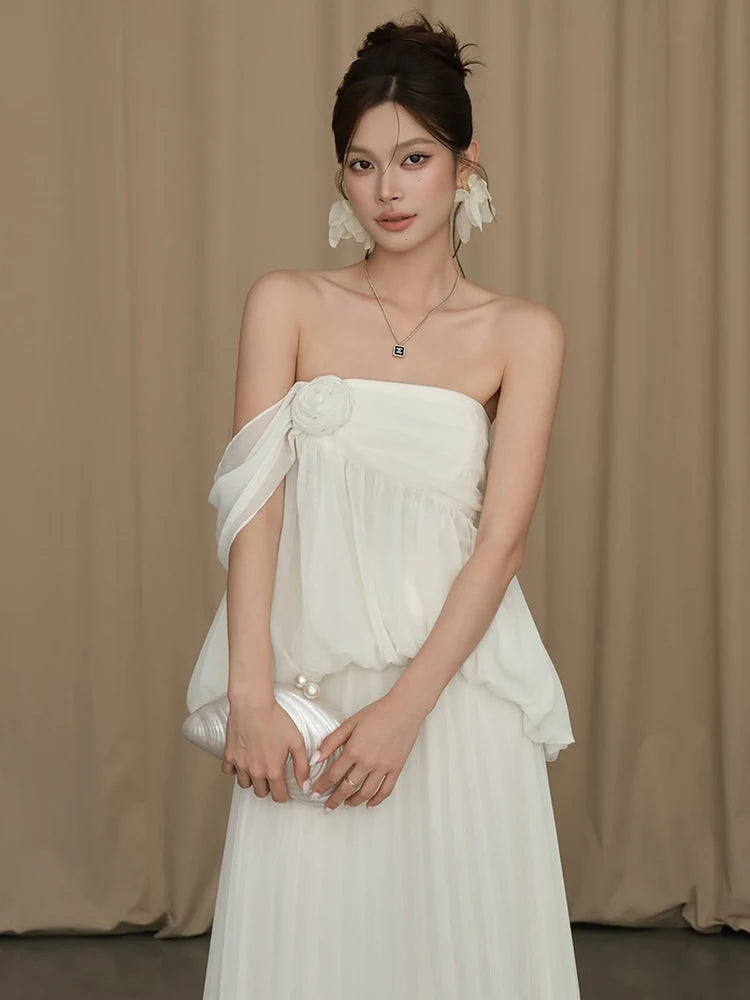 3d Flower Decoration Maxi Dress Women Mesh Tassel Chest Wrap Folds Solid Elegant Wedding Party Vacation Vestidos