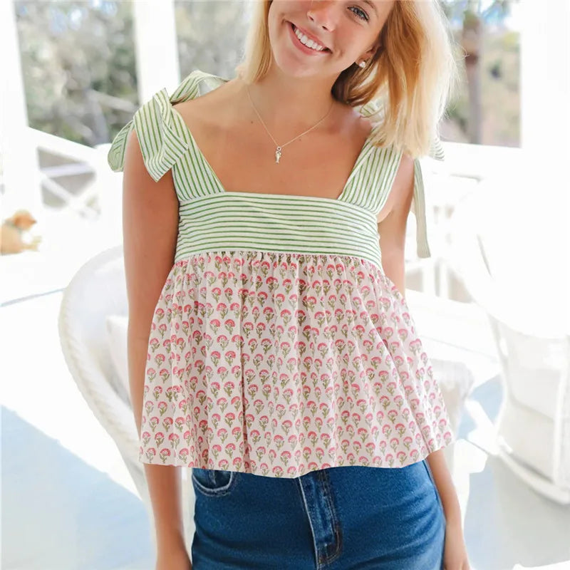 Women's Babydoll Tank Tops Stylish Leaf Print/Plaid Striped Loose Hem Tie Strap Sleeveless Camisole Vest Y2K Streetwear