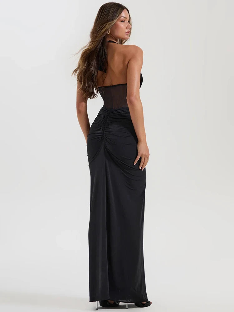 Halter Backless Sexy Maxi Dress Women V Neck Off-shoulder Sleeveless Draped Ruched Bodycon Club Party Long Dress