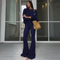 Women 2 Piece Set Outfit Cozy Knit One Shoulder Long Sleeve Top High Waist Flare Pants Set Winter Woman 2026