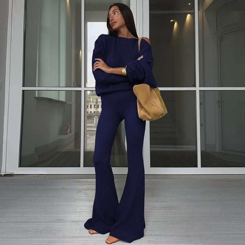 Women 2 Piece Set Outfit Cozy Knit One Shoulder Long Sleeve Top High Waist Flare Pants Set Winter Woman 2026