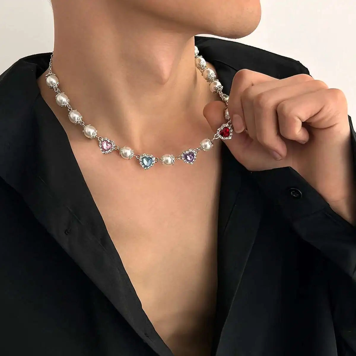 Multilayer Rhinestone Love Heart Imitation Pearl Chain Necklace Women Creative Jesus Cross Pendant Choker Y2K Jewelry