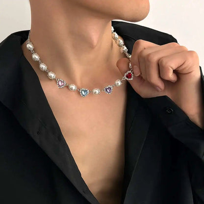 Multilayer Rhinestone Love Heart Imitation Pearl Chain Necklace Women Creative Jesus Cross Pendant Choker Y2K Jewelry