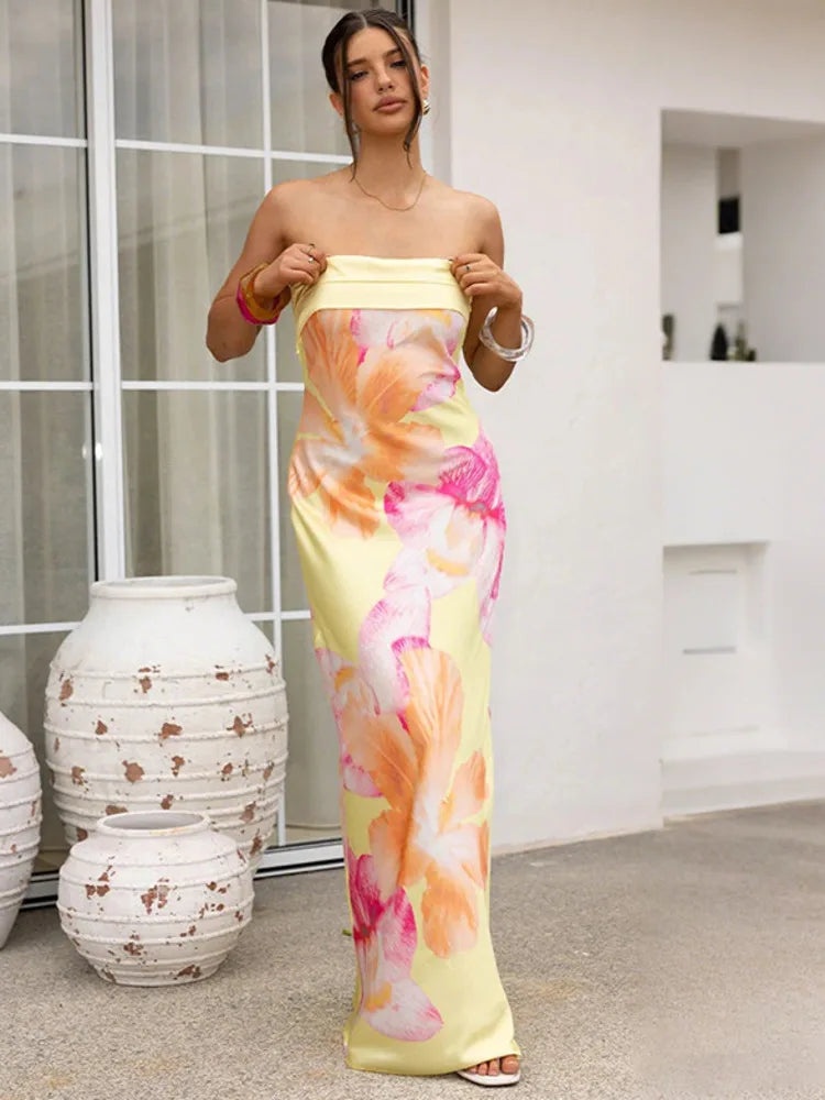 Satin Print Off-shoulder Sexy Maxi Dress Women Gown Elegant Strapless Sleeveless Backless Club Party Long Dresses