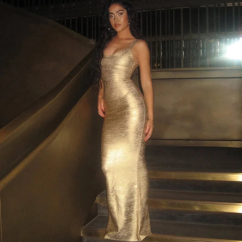 Gold Metallic Sleeveless Backless Bandage Maxi Dress for Woman Sexy Birthday Dresses Luxury 2026 Elegant