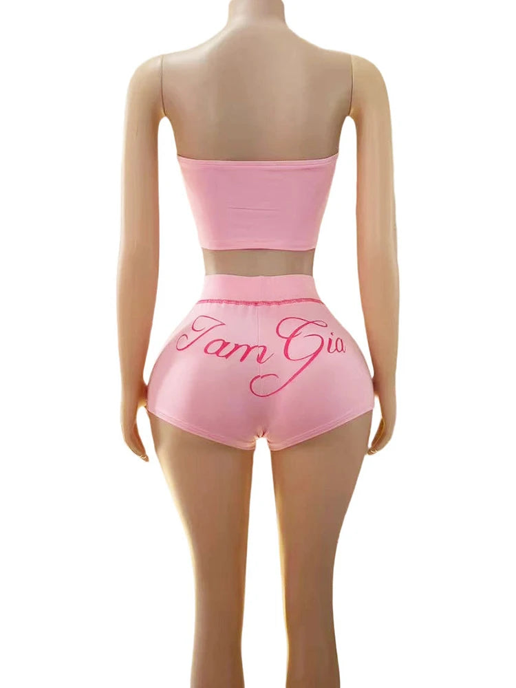 Letter Print Women 2 Piece Set Tracksuit Letter Print Strapless Tos+Shorts Matching Streetwear Skinny Stretch Outfits