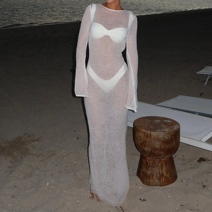 Women Beach Cover Up Solid Color See-Through Long Sleeve Summer Swimsuit Coverup Bathing Suit Cover Ups Long Dresses