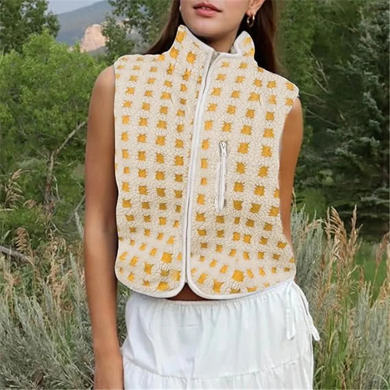 Womens Sherpa Fleece Vest Checkered Sleeveless Zip Up Warm Cardigan Polar Fleece Vest Jacket with Chest Pocket