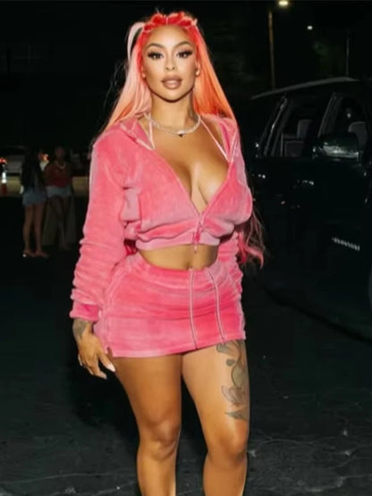 Velvet 2-Piece Set Women Zip Hooded Long Sleeve Crop jacket+Drawstring Split Skirts Matching Street Matching Outfits