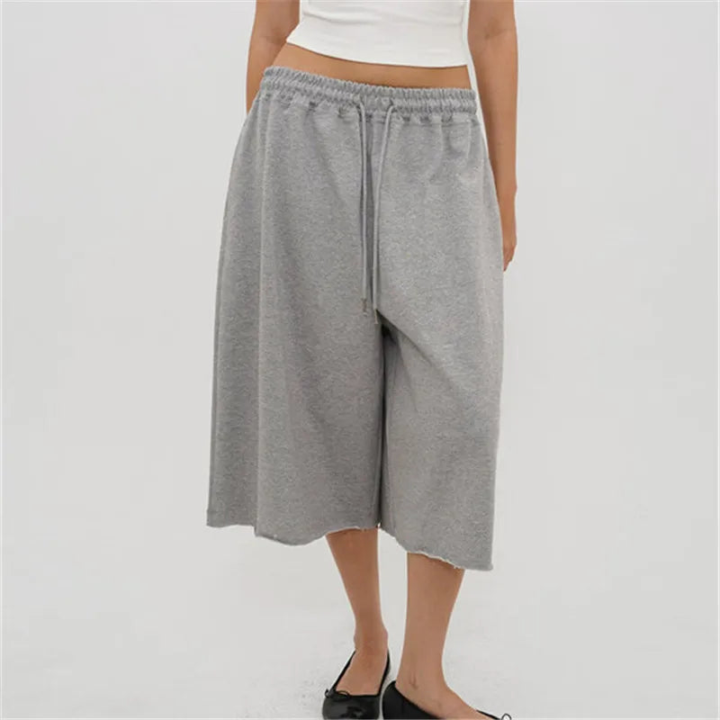 Ladies Raw Edge Bermuda Sweat Pants Elastic Drawstring Waist Loose Wide Leg Casual Knee Length Capri Jogger Trousers