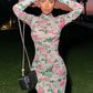 Bodycon Long Sleeve Half High Collar Print Zipper Elegant Maxi Dress Women Slim High Waist Sexy Dress Ladies Outfits