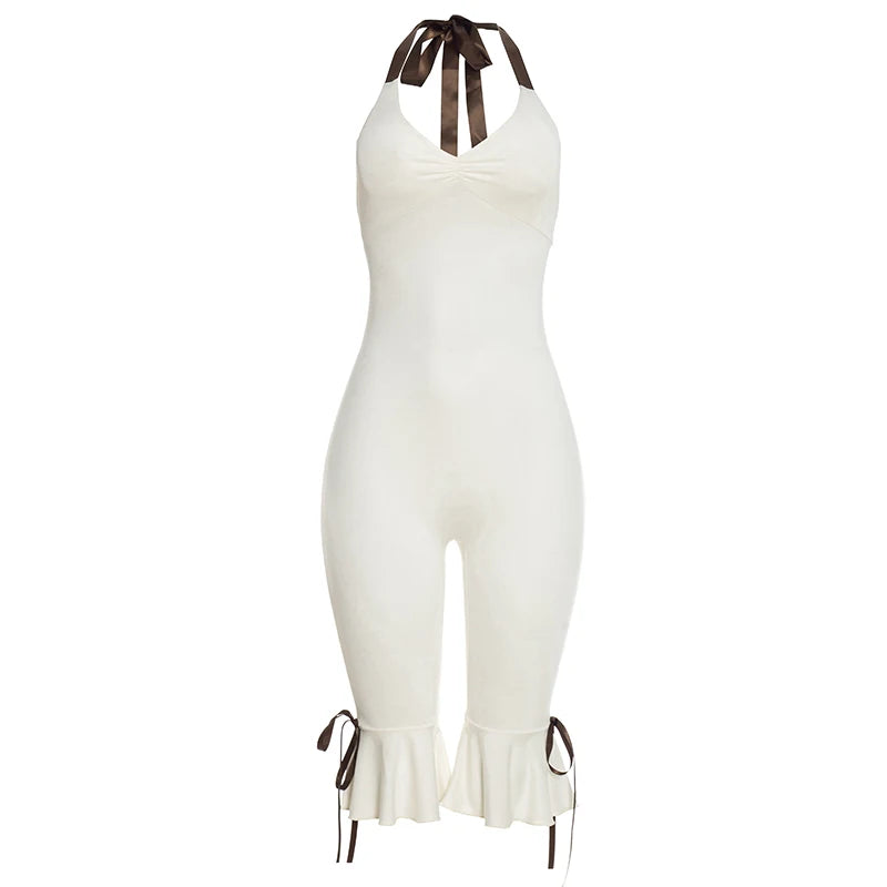 Contrast Color Bandage Playsuits Woman Halter Low-Neck Backless Sleeveless Ruffles High Street Fashion Style Rompers