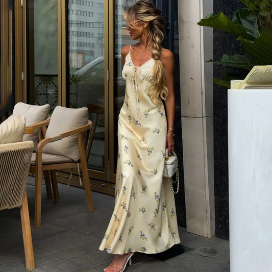 Elegant Satin Floral Dress French Style Spaghetti Strap V Neck Backless Long Dresses for Woman Clothing