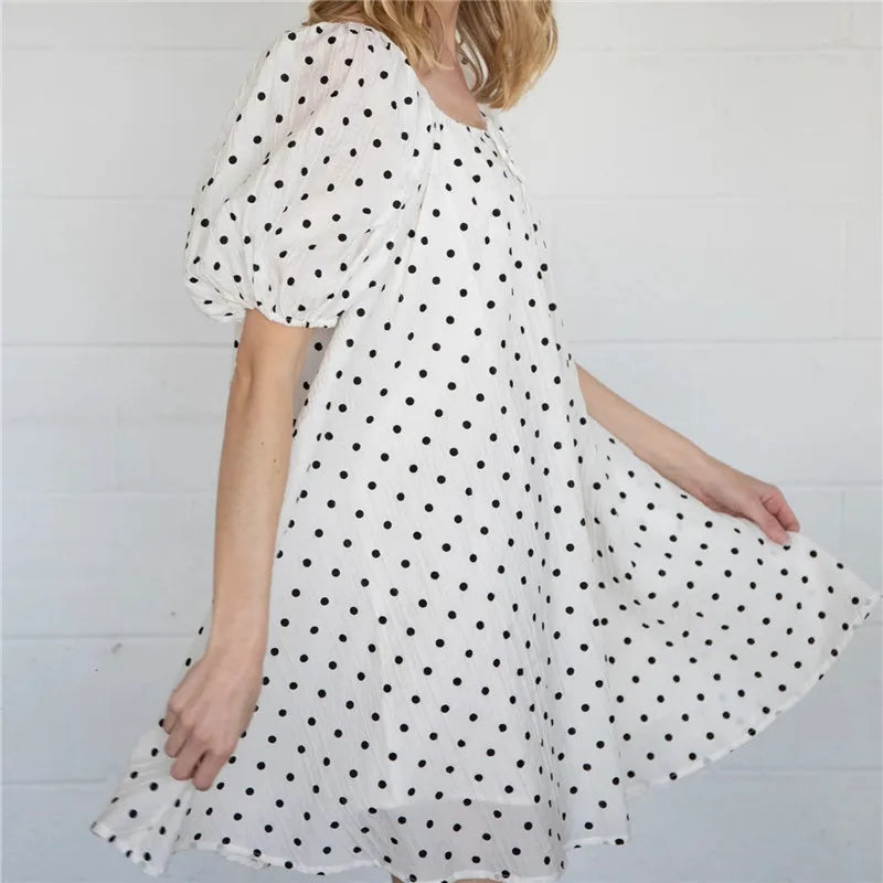 Women's French Retro Polka Dot Babydoll Mini Dress Square Neck Puff Sleeve Loose Fit Swing Dress Casual Summer Sundress