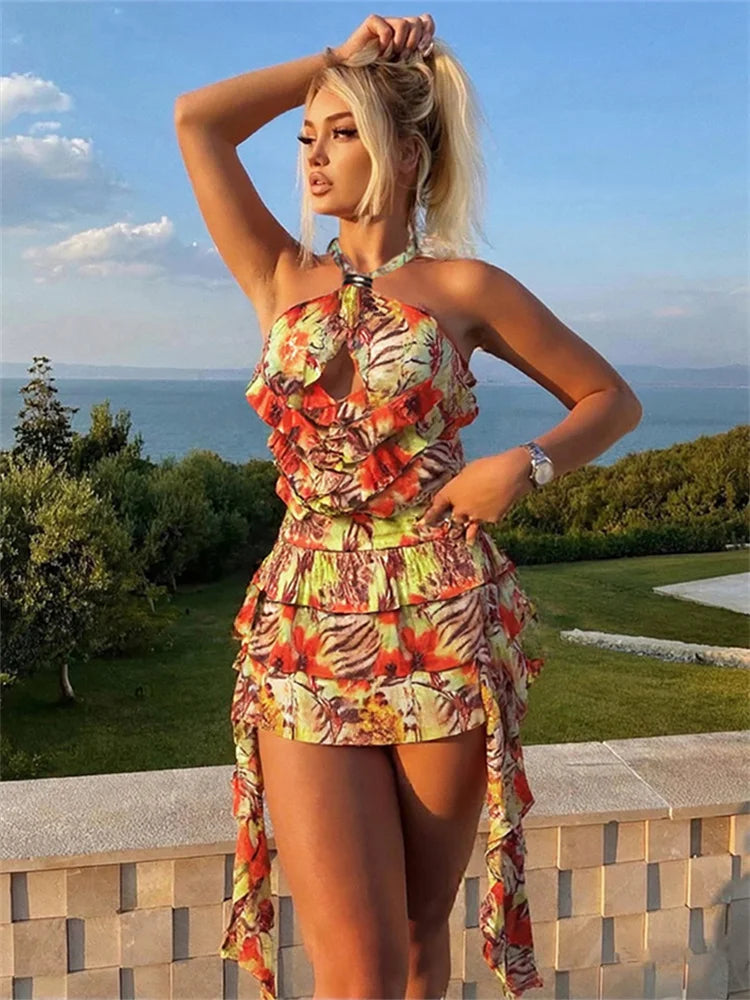 Hollow Tierred Dress Women Cross Halter Colorful Print Irregular Tassel Metal Rings Backless Summer Vacation Bodycon