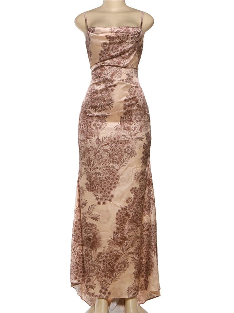 Art Print Maxi Dress Women Low-Neck Zipper Folds Irregular Hem Sleeveless Slim Elegant Banquet Fashion Vacation Vestidos