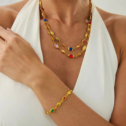 Luxury Colorful Rhinestone Chain Necklace Bracelets for Women Trendy Wedding Bridal Clavicle Chain Party Jewelry Set