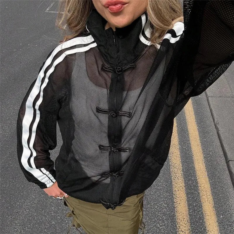 Y2K Sheer Mesh Jacket Stand Collar Zip Up Chinese Frog Buttons Side Striped Long Sleeve Loose Street Casual Outerwear