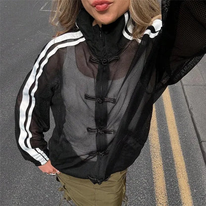 Y2K Sheer Mesh Jacket Stand Collar Zip Up Chinese Frog Buttons Side Striped Long Sleeve Loose Street Casual Outerwear