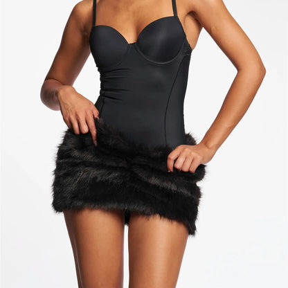 Summer Fur Mini Skirt Elegant Lady Ruched Low Rise Bodycon Skirt Y2K Vintage Plush Pencil Skirt Chic Women Party Club