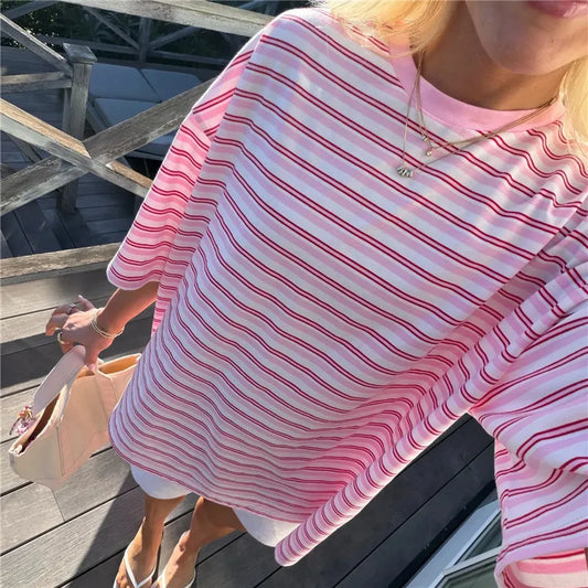 Y2K Pink Striped Oversized T Shirt Casual Loose Half Sleeve Crew Neck Tee Grunge Aesthetic Streetwear Summer Top