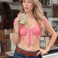Women Front Tie Knot Cropped T Shirt V Neck Puff Short Sleeve Slim Fit Solid Plaid Crop Top Vintage Summer Casual Blouse