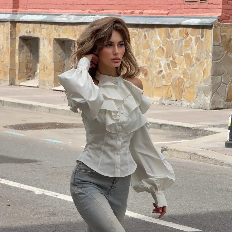 Cold-shoulder Button-up Lantern Sleeve Ruffled Blouses Shirts for Woman White Long Sleeve Tops Autumn 2026