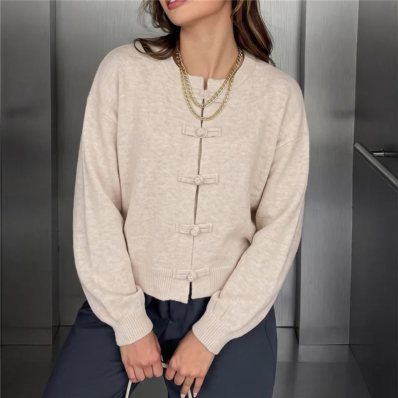 Women Oatmeal Frog Button Knit Cardigan Crew Neck Long Sleeve Sweater Solid Knot Closure Knitwear Fall Winter Streetwear
