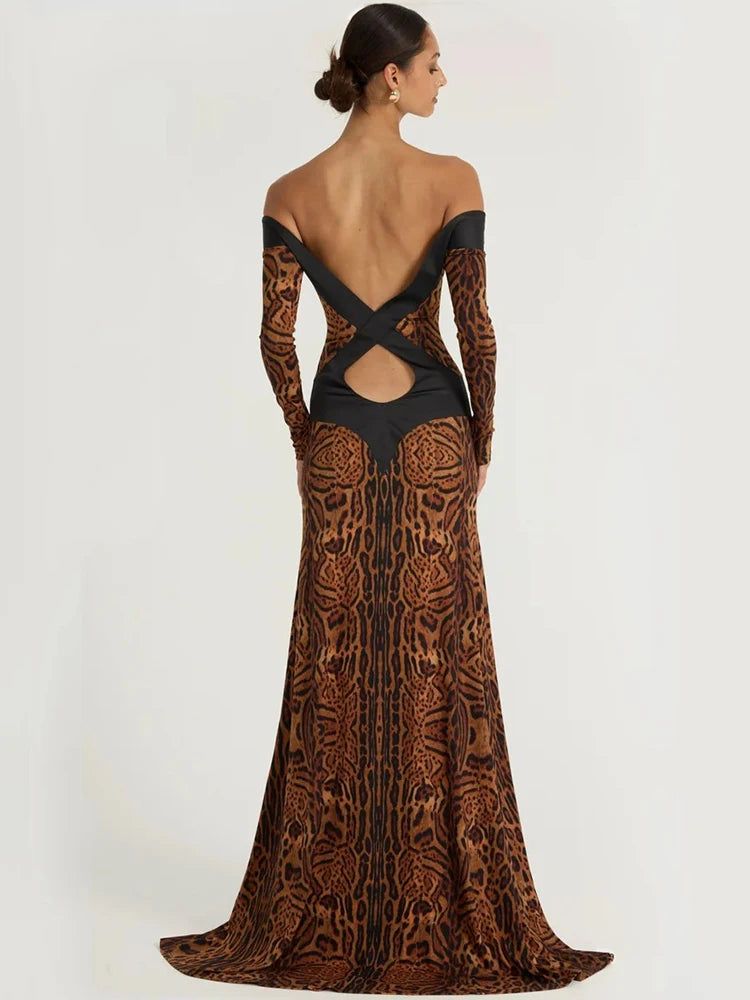 Women Off Shoulder Leopard Print Maxi Dress Long Sleeve Cutout Bodycon Evening Party Gown Formal Wedding Guest Dress