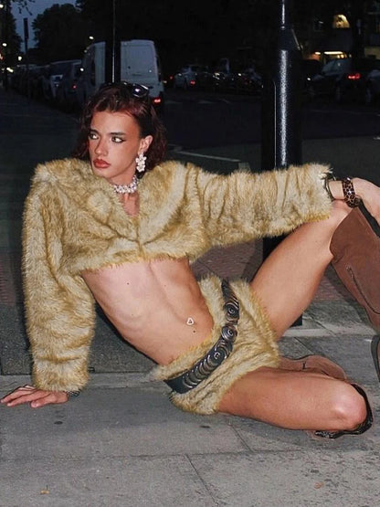 Plush 2-Piece Set Women Lapel Full Sleeve Crop Tops+Zipper Mini Shorts Sexy Winter Trend Midnight Street Wild Hottie Suit